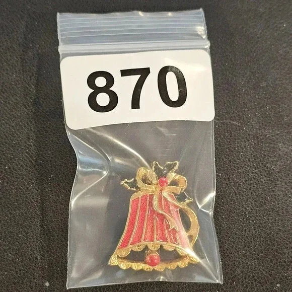 Christmas Bell Holly Brooch Pin Gold Tone Enamel Red Green Granny Core Jewelry - Picture 6 of 6